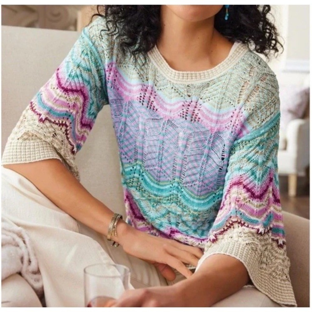 Soft Surroundings Sweater 1X Open Weave Bell Sleeve Boho Knit Tunic Metallic - Picture 3 of 15